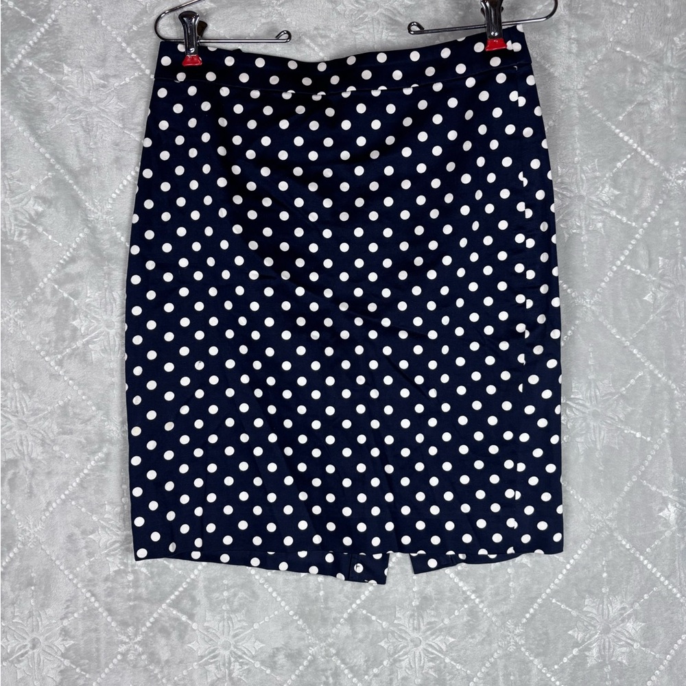 J.Crew The Pencil Skirt Navy White Polka Dot Size 2 Stretch Cotton Office Career